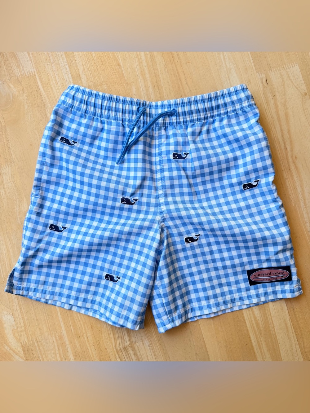 Vineyard Vines Boys Gingham Swim Trunks Blue 6